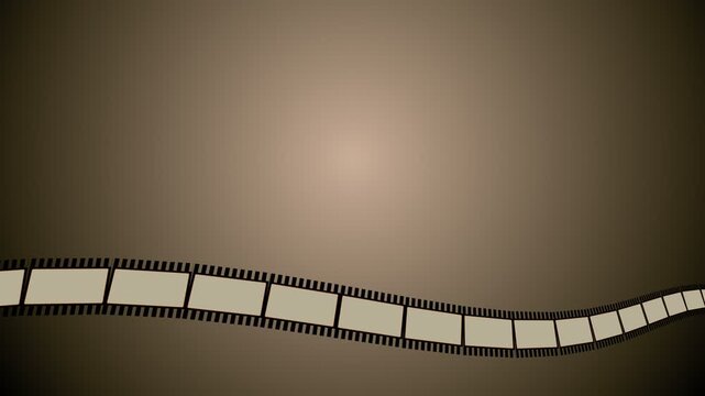 Vintage film strip scrolling in wavy horizontal motion against a sepia brown gradient background with blank frames for cinematic movie intro
