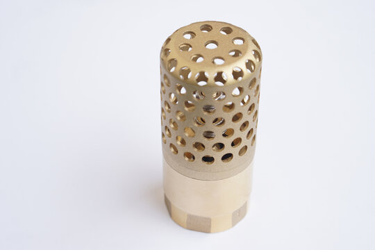 Close-up of brass foot valve with perforated strainer, designed for water pump systems to filter debris and prevent backflow, isolated on white background with clean detail