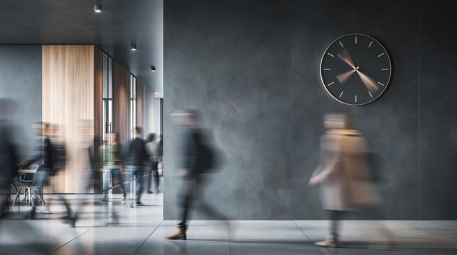 Blurred motion of diverse business people walking in a modern office hallway with a wall clock