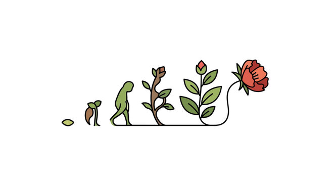 Illustration depicting plant growth and human-like figures representing evolution process