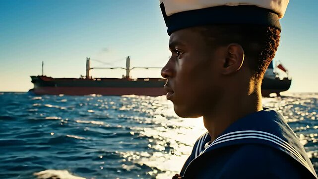 Sailor in uniform looking at the ocean with cargo ship background. Maritime professional on deck during sunset. Naval service and shipping concept, ideal for recruitment and logistics marketing.