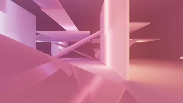 Geometric shapes intersect in a vibrant pink abstract composition indoors.