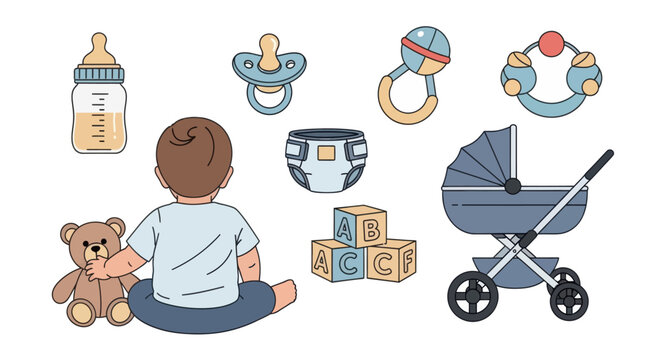 Baby toys and accessories collection with a sitting toddler and baby stroller flat icon.