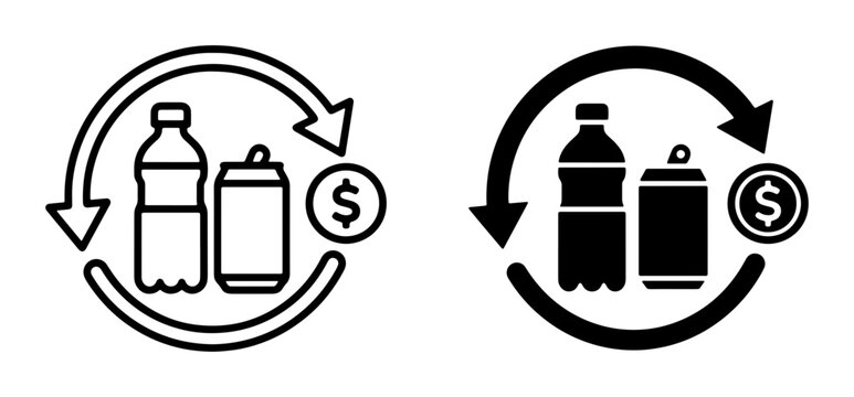 Recycling icons: beverage bottle and can with dollar coin, circular arrows, money exchange, sustainable economy