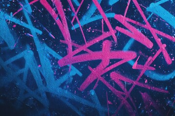Fototapeta premium Abstract graffiti art with intersecting neon pink and blue spray-painted lines on a dark background