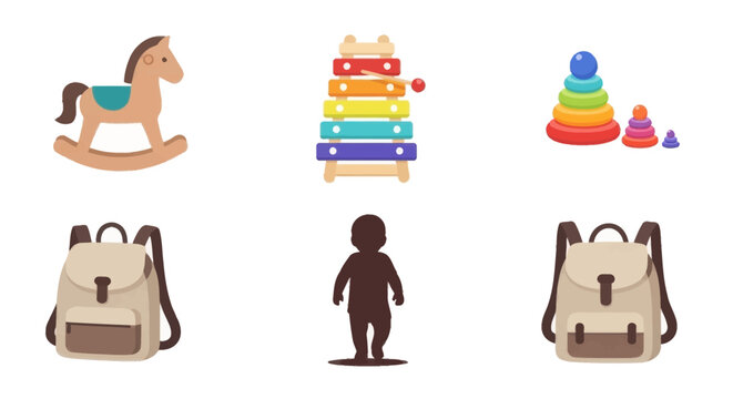 Wooden rocking horse xylophone ring stackers and vintage style backpacks for kids vector.