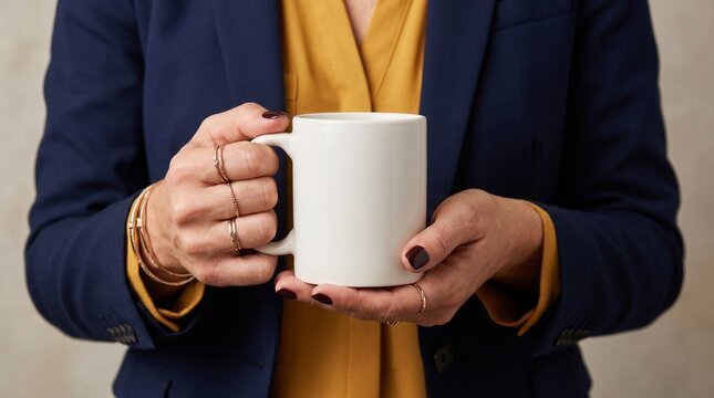 A woman in a dark blue blazer and yellow shirt holds a white mug with both hands.