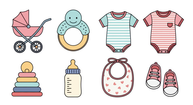 Baby girl newborn essentials collection with pink stroller bib bottle and striped clothing.