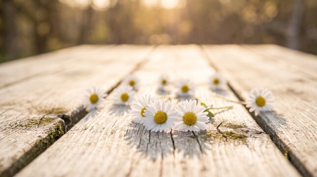 Daisies scattered on a rustic wooden table outdoors in a serene natural setting with sunlight.