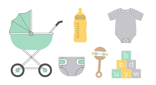Baby items set, isolated vector icons of stroller, bottle, diaper, romper, and building blocks.