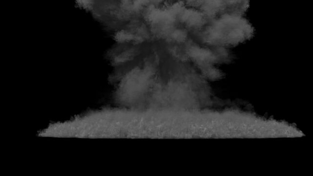 Nuclear explosion with alpha channel. 3d animation of atomic bomb. Atomic explosion with smoke ring. Mushroom cloud explosion and shockwave isolated
