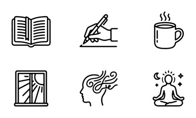 Fototapeta premium Mindfulness Icons: Reading, Writing, Coffee, Sunrise, Ideas, Meditation, Wellness Set