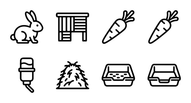 Rabbit Care Icons: Bunny, Hutch, Carrots, Feeder, Hay, Litter Box Set