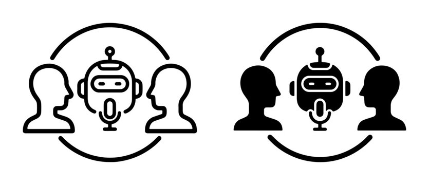 AI Chatbot Communication Icons, Human-Robot Interaction Symbols, Digital Assistant Conversation Graphics, Technology and People Connection