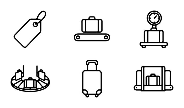 Airport Luggage Icons, Travel Baggage Set, Transportation Conveyor Belt, Weight Scale, Tag