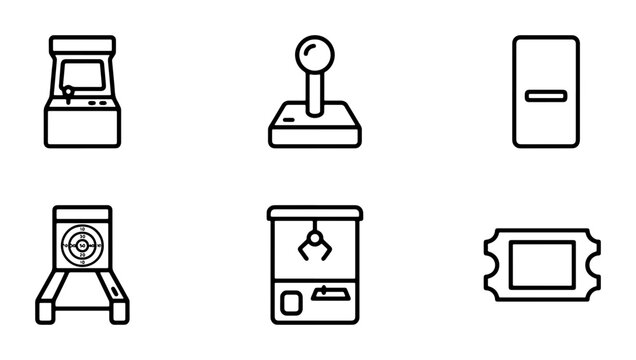 Retro Arcade Machine Icons, Vintage Game Controller, Claw Machine, Target Game, Ticket Vector Set