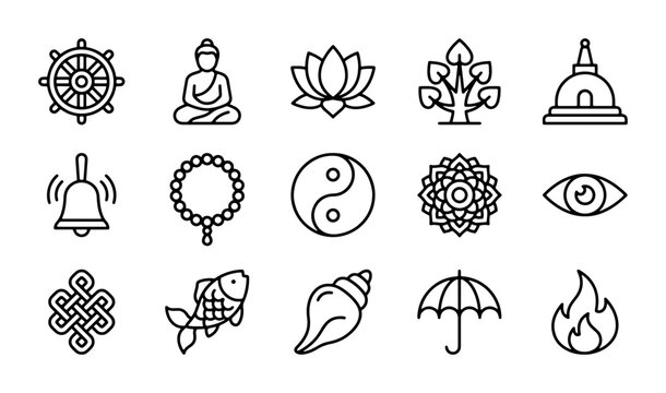 Buddhist Icons Set, Dharma Wheel, Buddha, Lotus Flower, Sacred Symbols, Vector Graphics