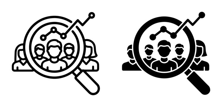 Audience Analysis Icons, Magnifying Glass Over People, Data Graph, Market Research, Customer Segmentation, Business Analytics