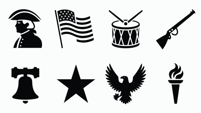 American patriotic symbols icons set including colonial man flag drum rifle liberty bell star eagle and torch on white background