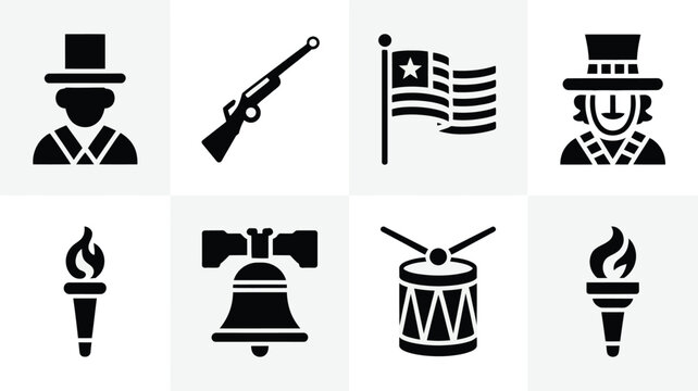 Patriotic icons set including colonial people weapons flag torch bell and drum for independence day