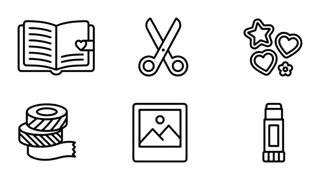 Crafting Icons Set: Scissors, Glue Stick, Journal, Photo Frame, Cookie Cutters, Tape