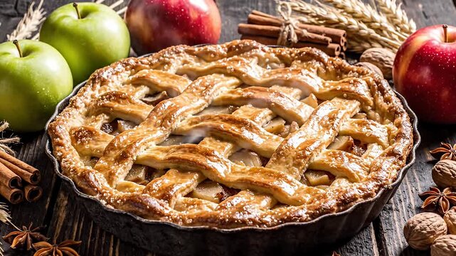 Delicious baked apple pie with cinnamon nuts and spices on wooden table