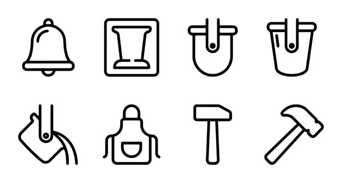 Industrial Icons Set: Bell, Foundry Mold, Buckets, Apron, Hammers, Metal Casting