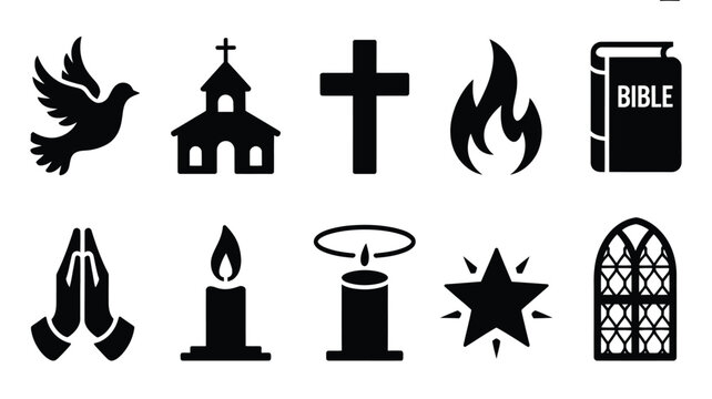 Grid layout of white monday silhouette icons including church cross bible dove flame prayer hands candles and stained glass window on white background