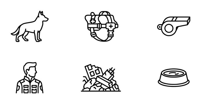 Military Dog Handler Set, K9 Unit Icons, Rescue Equipment, Service Dog Gear, Vector Graphics