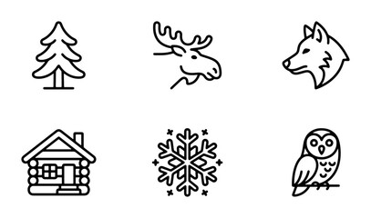 Fototapeta premium Winter Forest Icons: Moose, Wolf, Owl, Cabin, Snowflake, Pine Tree Vector Set