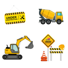 Naklejka premium Vector graphic set featuring a yellow excavator, cement mixer truck, barrier cones, and under construction alerts. Perfect designs for industrial building projects and heavy machinery.