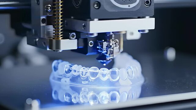 High-tech 3D printer nozzle creating a transparent dental aligner model in a laboratory. Advanced additive manufacturing for orthodontic retainers. Digital dentistry innovation for medical marketing.