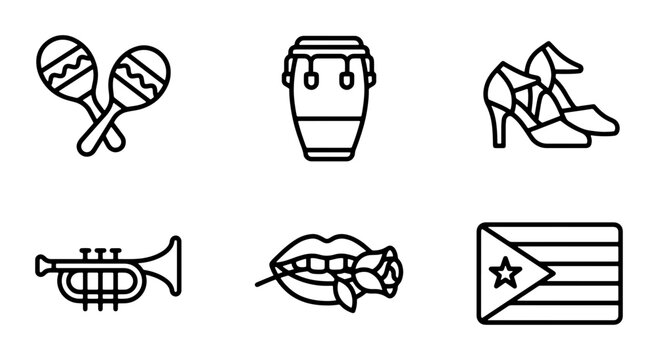 Latin Music & Dance Icons: Conga Drum, Trumpet, Maracas, Heels, Rose Lips, Flag