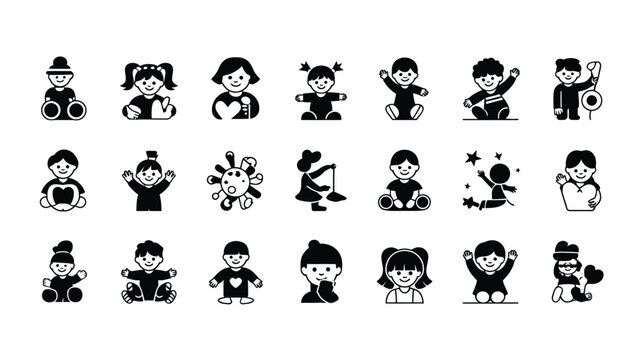 Minimalist children's day icon set with various happy kids and baby illustrations in black and white