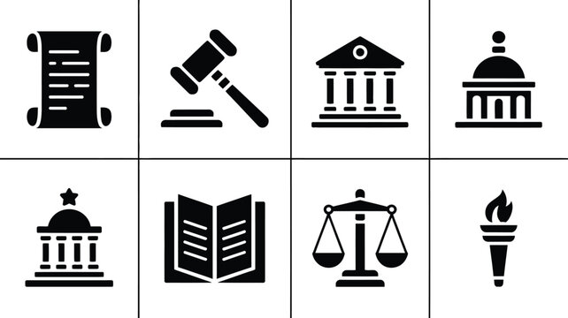 Vector icons of law and government symbols including constitution gavel courthouse and scales of justice