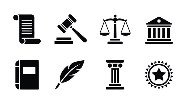 Structured grid of law and justice icons including gavel scales constitution and legal symbols on white background