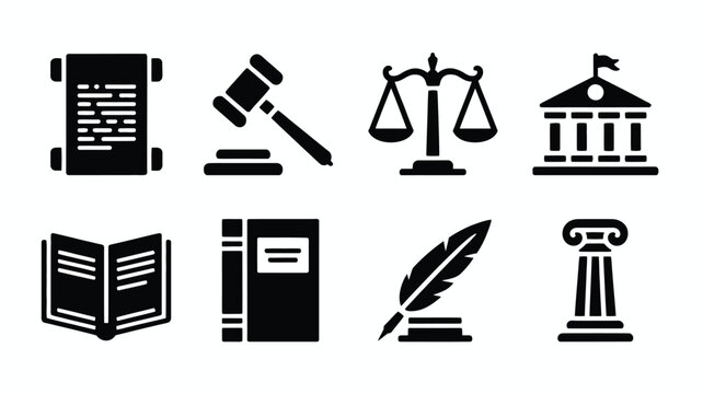 Structured grid of law and justice symbols including scales gavel constitution and legal documents on white background