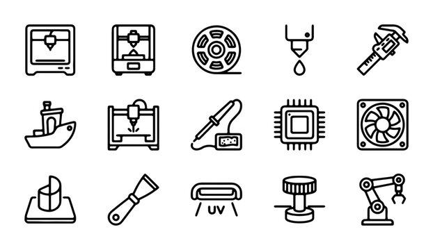 3D Printing Icons Set: Technology, Manufacturing, Innovation, Tools, Components