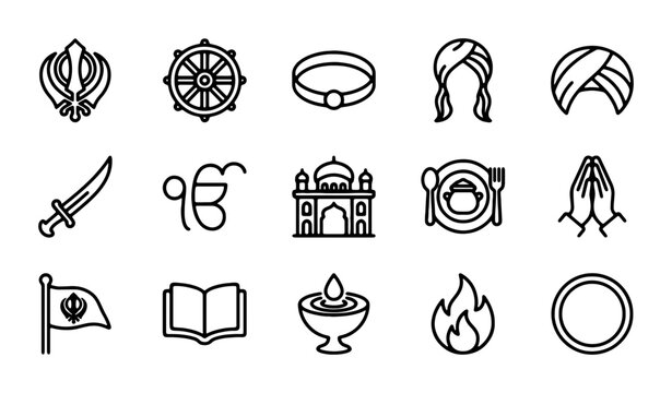 Sikhism Icons Set, Religious Symbols, Cultural Elements, Gurdwara, Khanda, Kara, Prayer, Vector Graphics