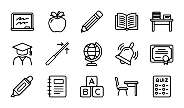 Education Icons Set: School, Learning, Knowledge, Study, Teaching, 15 Vector Graphics
