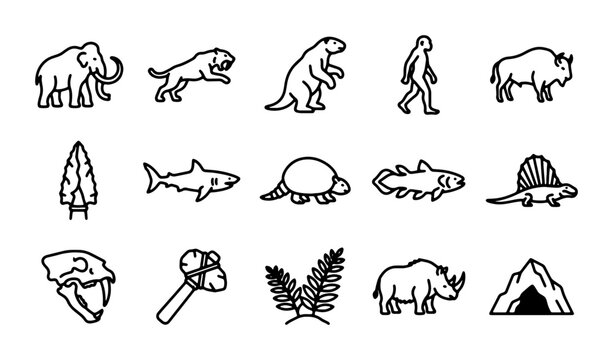 Prehistoric Icons Set: Mammoth, Saber-tooth, Dinosaur, Caveman, Rhino, Tools, Plants, Animals, Evolution