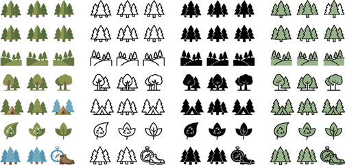 Fototapeta premium Comprehensive Nature and Outdoor Icon Set with Pine Trees Forest Landscapes Camping Tents Recycling Symbols and Hiking Gear in Flat Line and Silhouette Styles