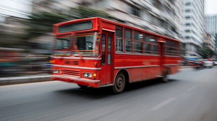 Fototapeta premium Motion blurred red public transport bus speeding down a busy city street