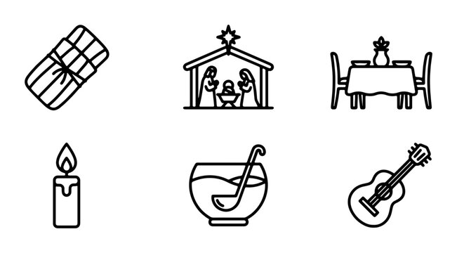 Christmas Nativity Scene, Tamale, Guitar, Candle, Table Setting Icons, Festive Holiday Vector Set