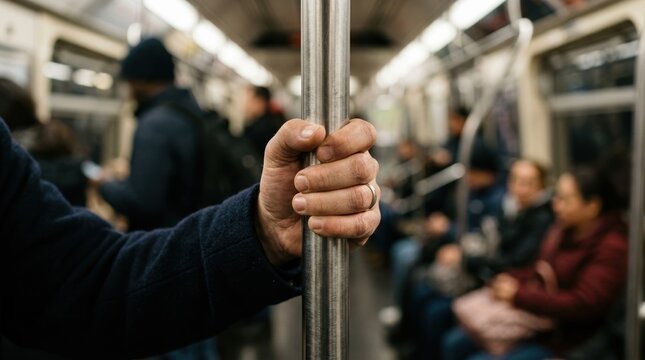 Close-up of a hand holding a subway pole. Commuter traveling on a train in the city. Public transportation concept