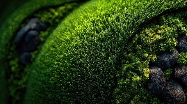 Close-up of lush green moss and grass with dark stones in a natural garden setting