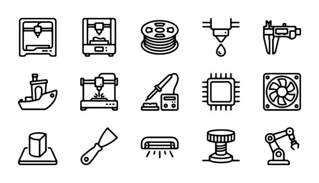 15 3D Printing Icons, Additive Manufacturing Technology, Digital Fabrication Tools, Prototyping Equipment