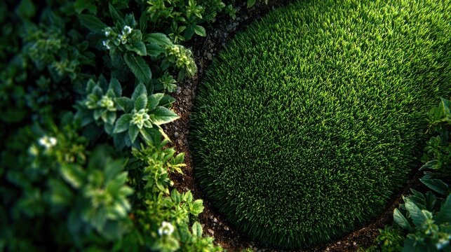 Close-up of lush green grass and surrounding plants in garden with sunlight and shadows, vibrant natural environment