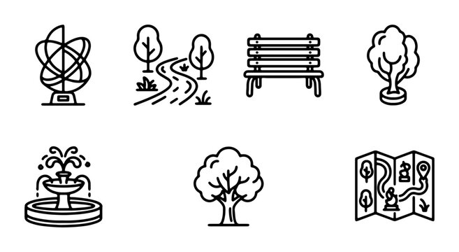 Park Icons Set: Fountain, Bench, Trees, Map, Pathway, Sculpture, Nature Elements
