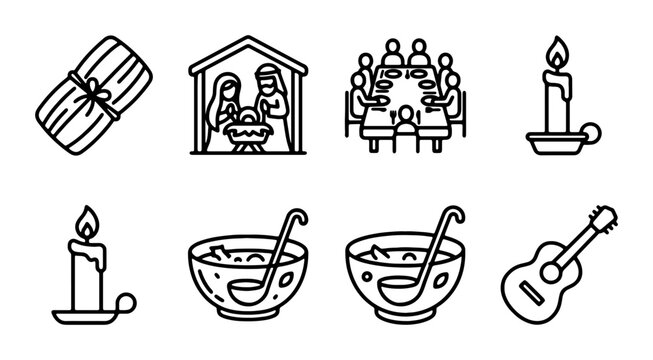 Christmas Nativity Scene Icons, Festive Family Meal, Candles, Tamale, Guitar, Soup Bowls